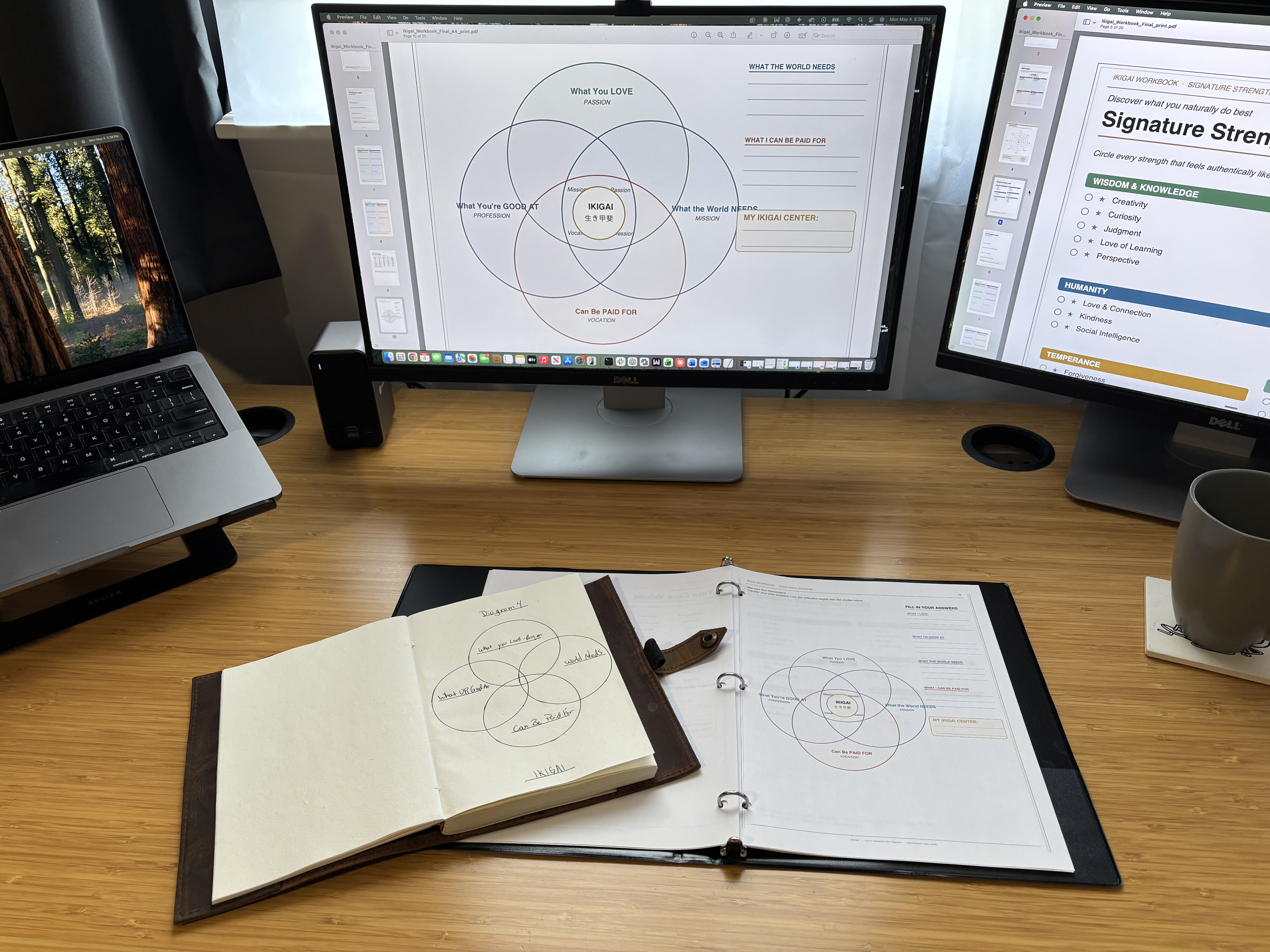 Ikigai Workbook open at a desk beside dual monitors showing the workbook pages